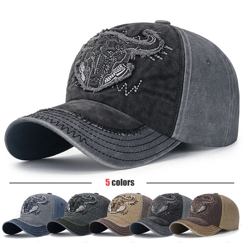 New Fashion Unisex Bull Head Pattern Embroidered Patch Brushed Distressed Style Two Color Cotton Adjustable Baseball Cap New Fashion Unisex Bull Head Pattern Embroidered Patch Brushed Distressed Style Two Color Cotton Adjustable Baseball Cap